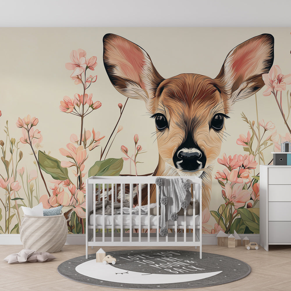 Gentle fawn and flowers wallpaper creating peaceful woodland nursery decor