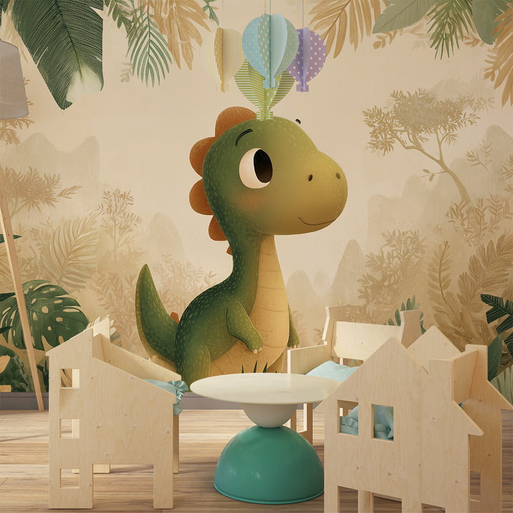 Kids-Mundo baby dinosaur jungle wall mural covering a kids' bedroom wall behind a wooden bed.