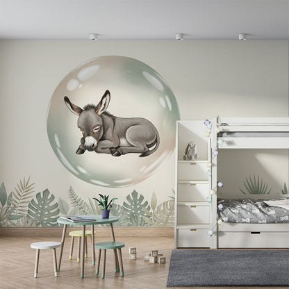 Kids-Mundo donkey in a bubble wall mural covering a feature wall in a calm kids bedroom