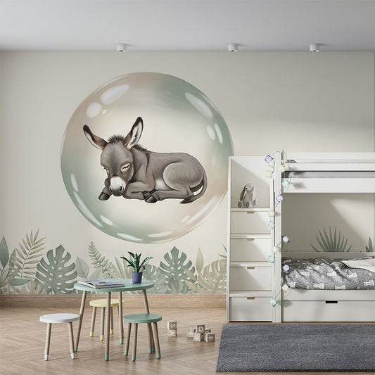 Kids-Mundo donkey in a bubble wall mural covering a feature wall in a calm kids bedroom