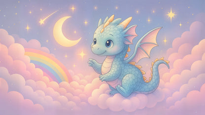 Flat artwork of the Kids-Mundo baby dragon wall mural with moon, shooting star and rainbow