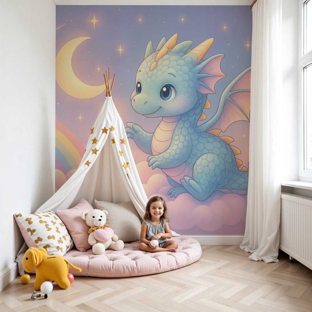 Kids-Mundo baby dragon wall mural styled behind a cot in a soft lilac starry nursery