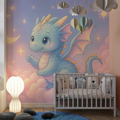 Kids-Mundo baby dragon wall mural covering a feature wall in a playful playroom