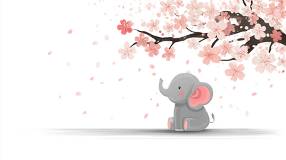 Kids-Mundo flat artwork preview of the baby elephant cherry blossom wall mural design