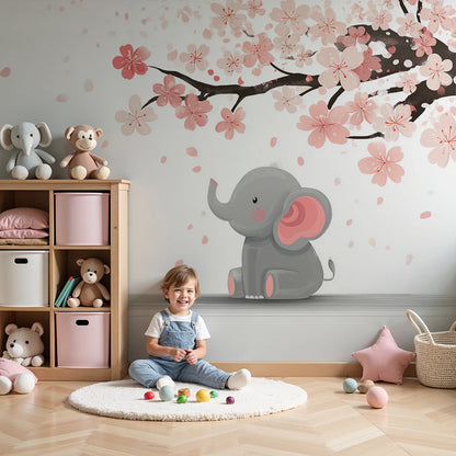 Kids-Mundo baby elephant cherry blossom wall mural styled behind a cot in a soft pink nursery