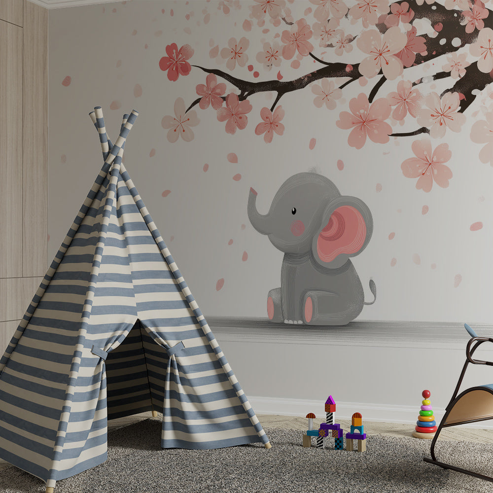 Kids-Mundo baby elephant cherry blossom wall mural covering a wall in a bright children's playroom
