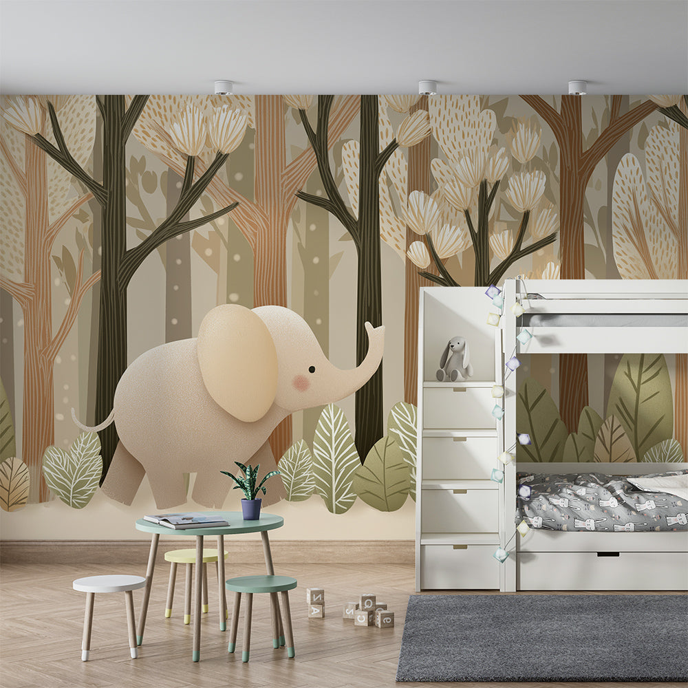 Kids-Mundo woodland elephant wall mural behind a bed in a calm neutral children's bedroom