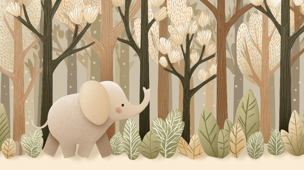 Kids-Mundo flat artwork of a baby elephant walking through a soft beige and green woodland scene