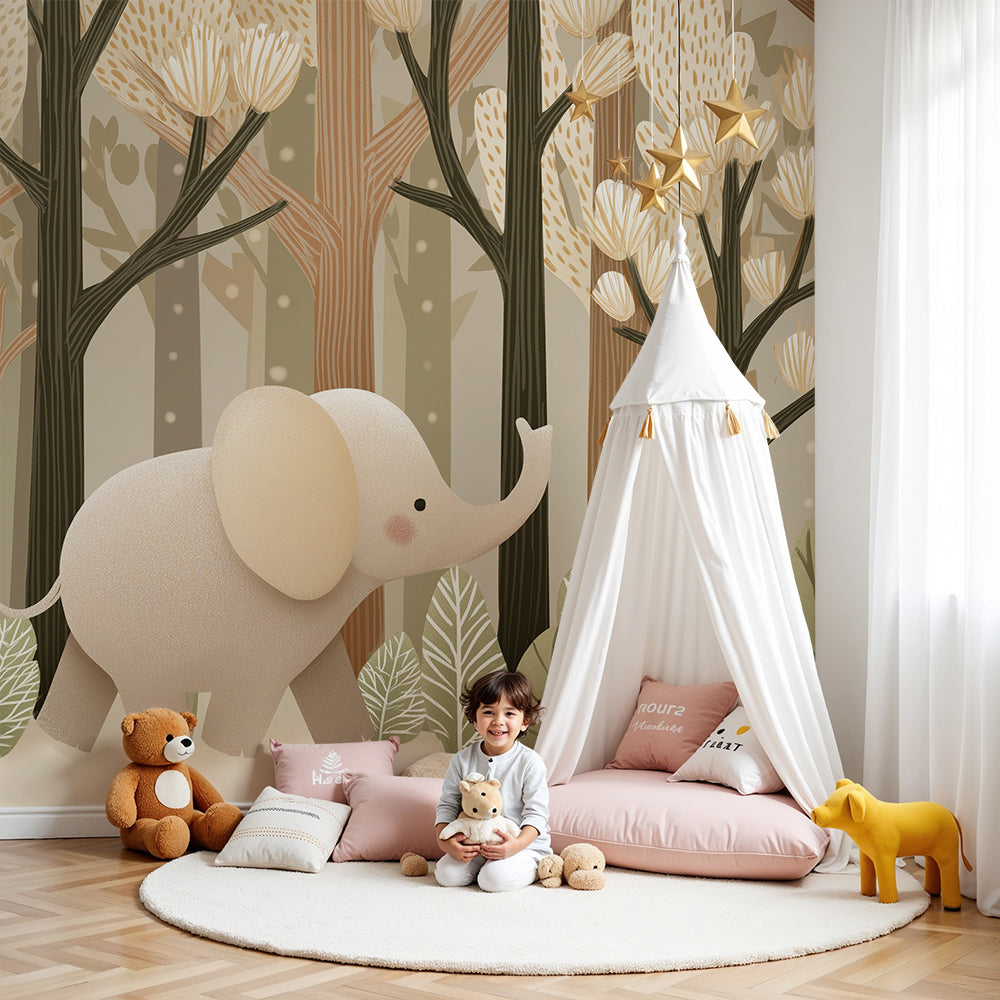 Kids-Mundo baby elephant forest wall mural in a soft beige nursery with a cot and blossom trees