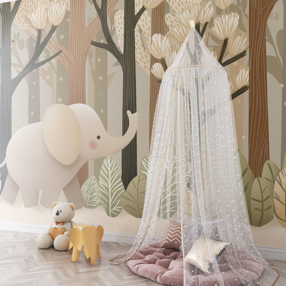 Kids-Mundo elephant and forest wall mural covering a feature wall in a bright children's playroom