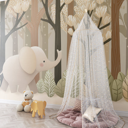 Kids-Mundo elephant and forest wall mural covering a feature wall in a bright children's playroom