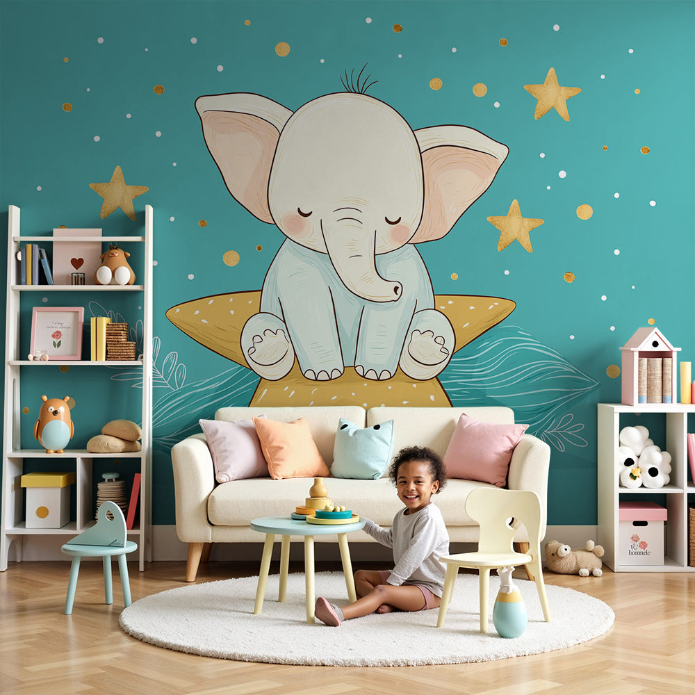 Kids-Mundo baby elephant golden star wall mural styled in a dreamy turquoise nursery