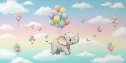 Kids-Mundo wall mural artwork of a baby elephant floating with pastel balloons in the sky
