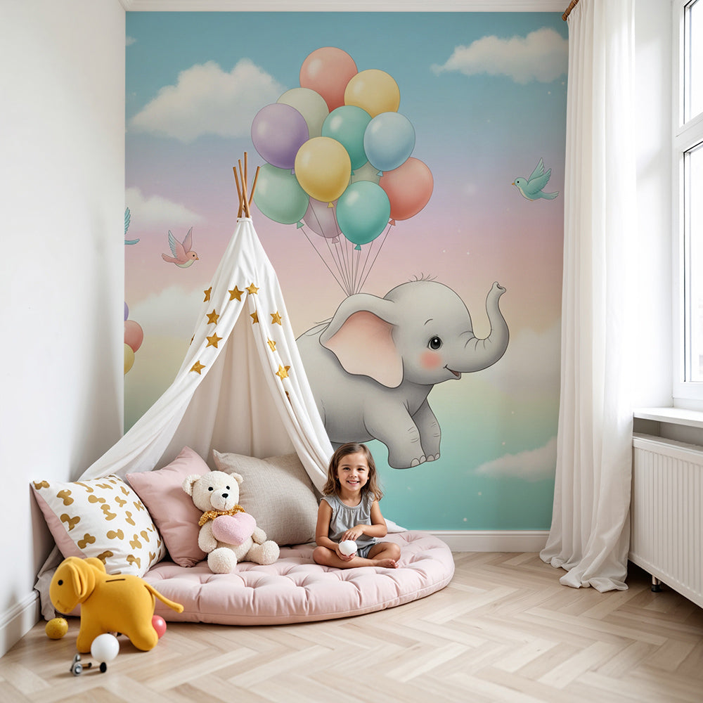 Kids-Mundo baby elephant wall mural above a cot in a soft pastel nursery room