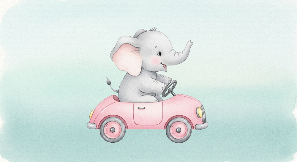 Kids-Mundo baby elephant driving a pink car flat wall mural artwork on a soft mint green background.