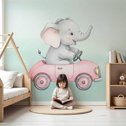 Kids-Mundo baby elephant pink car wall mural installed in a soft mint nursery with a cot and rug.