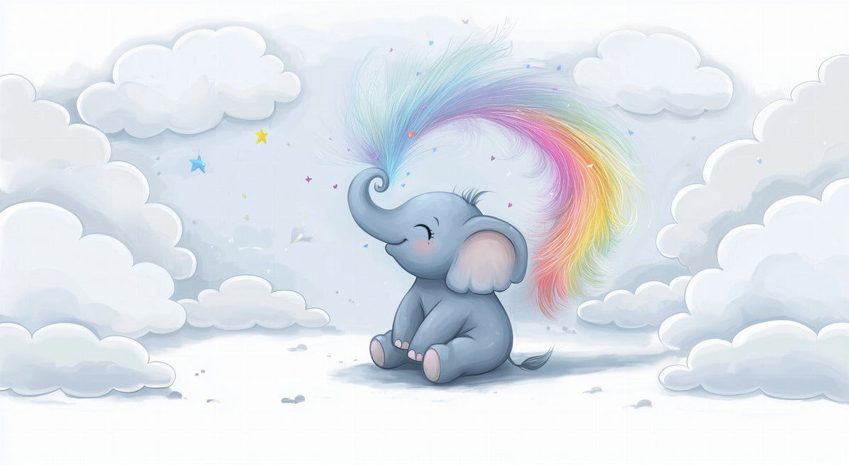 Baby Elephant with Rainbow Cloud Trail Wall Mural