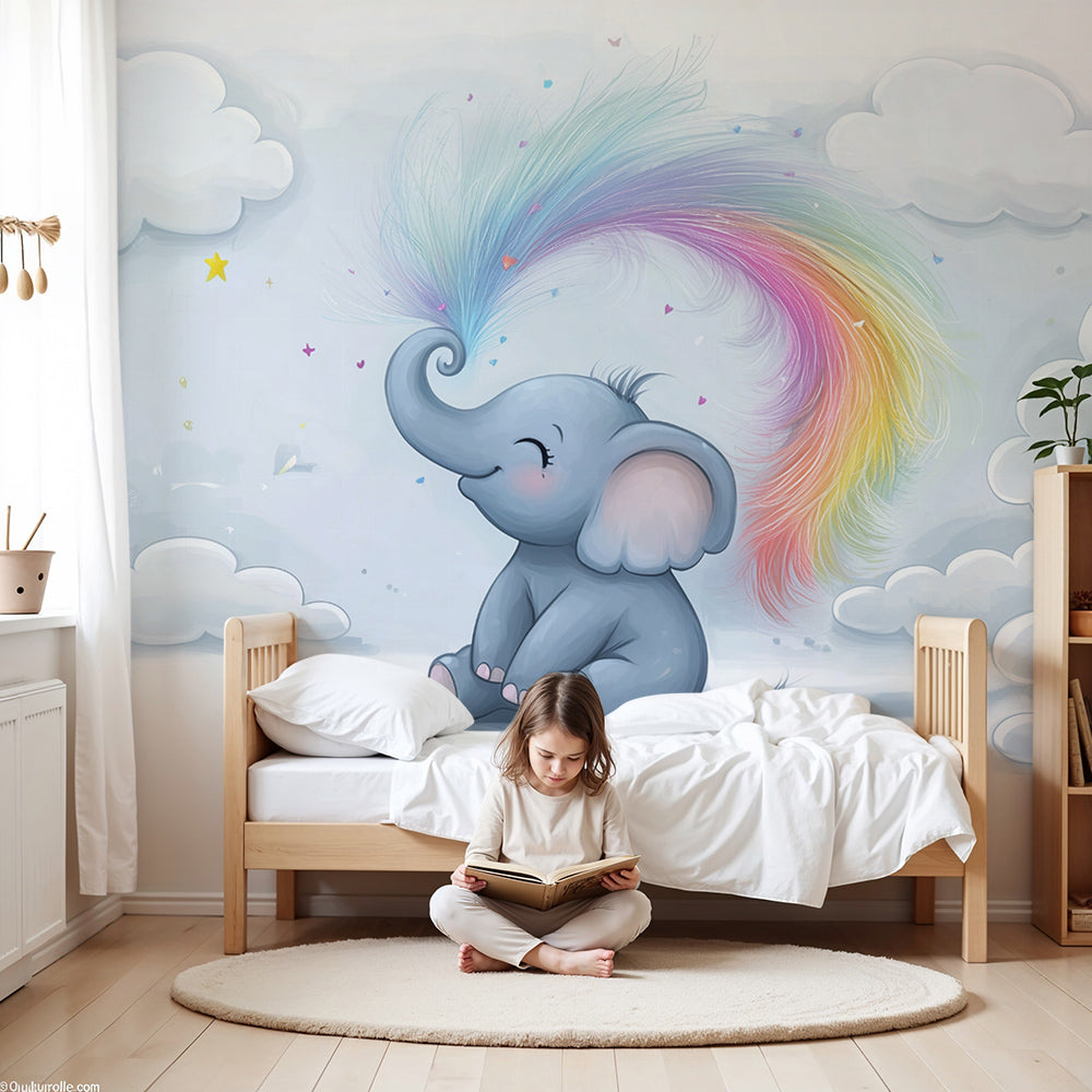 Kids-Mundo baby elephant rainbow wall mural as calming nursery wallpaper above a cot