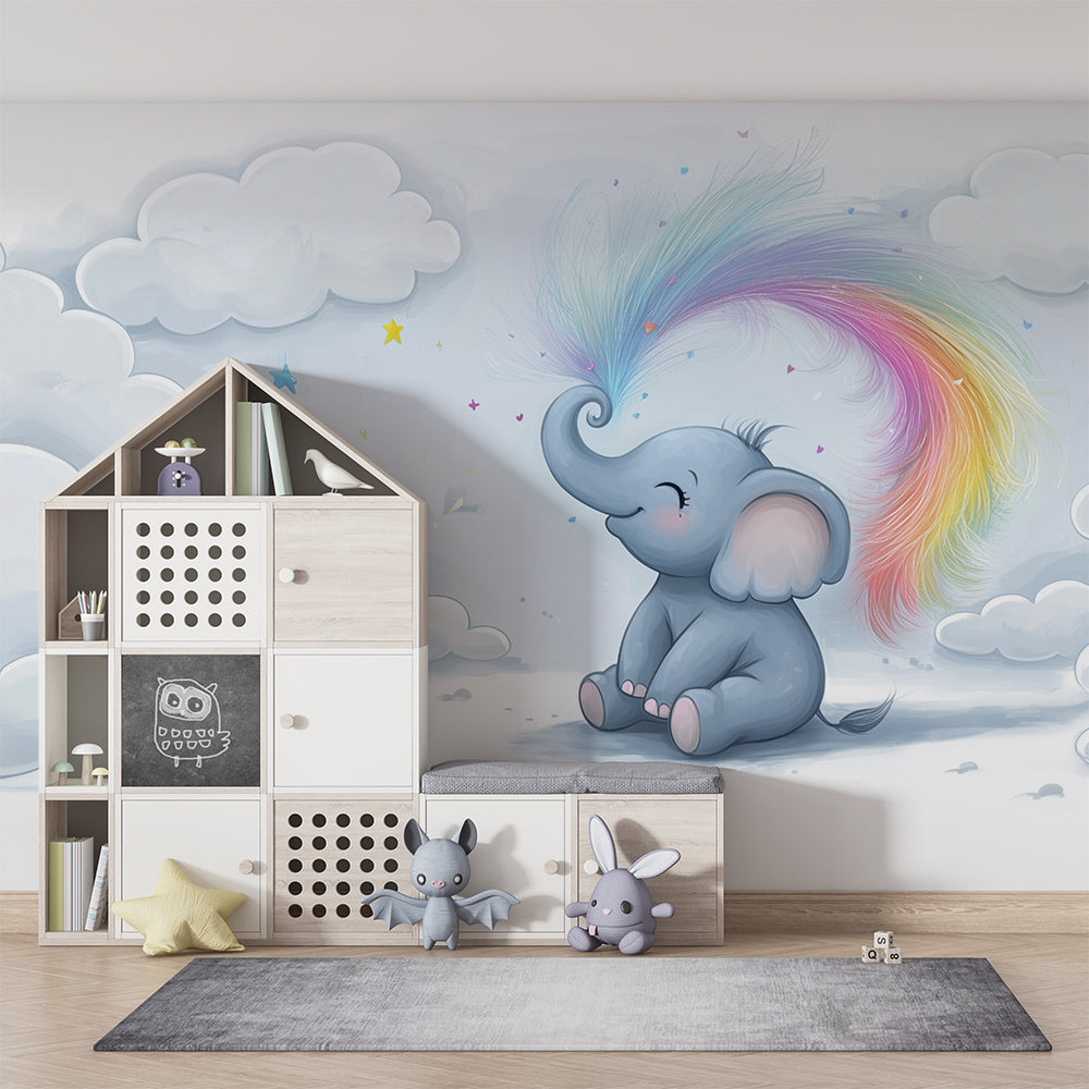 Kids-Mundo dreamy elephant wall mural adding gentle colour to a toddler's playroom