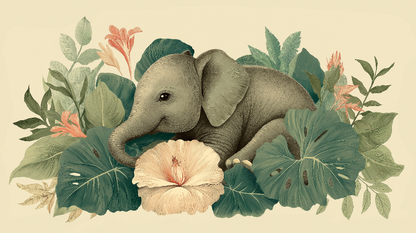 Kids-Mundo flat artwork of a baby elephant resting among tropical leaves and a pale bloom
