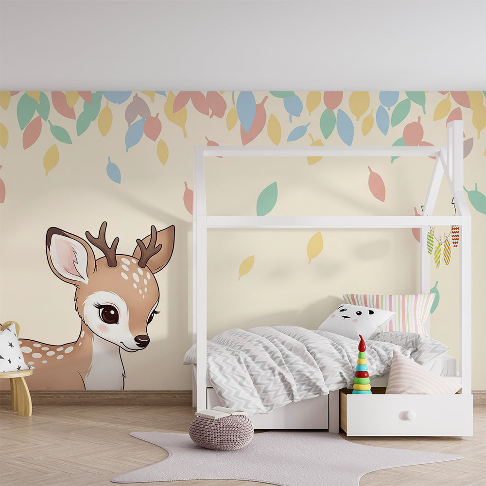 Kids-Mundo fawn and falling leaves mural covering a feature wall in a soft kids' bedroom