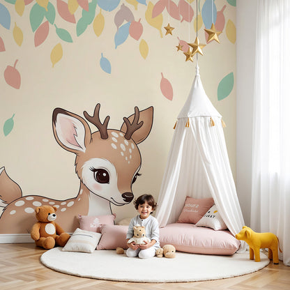 Kids-Mundo baby fawn wall mural with falling leaves styled behind a cot in a warm cream nursery