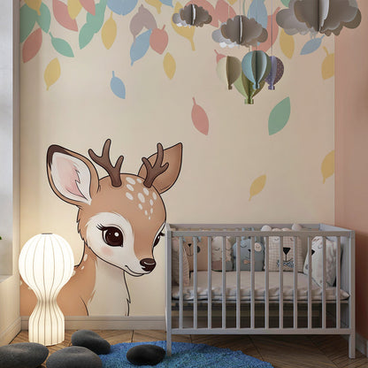 Kids-Mundo baby fawn wall mural bringing gentle pastel colour to a children's playroom