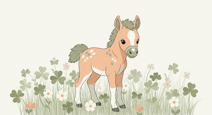 Kids-Mundo flat artwork preview of the baby foal in clover and flowers mural design