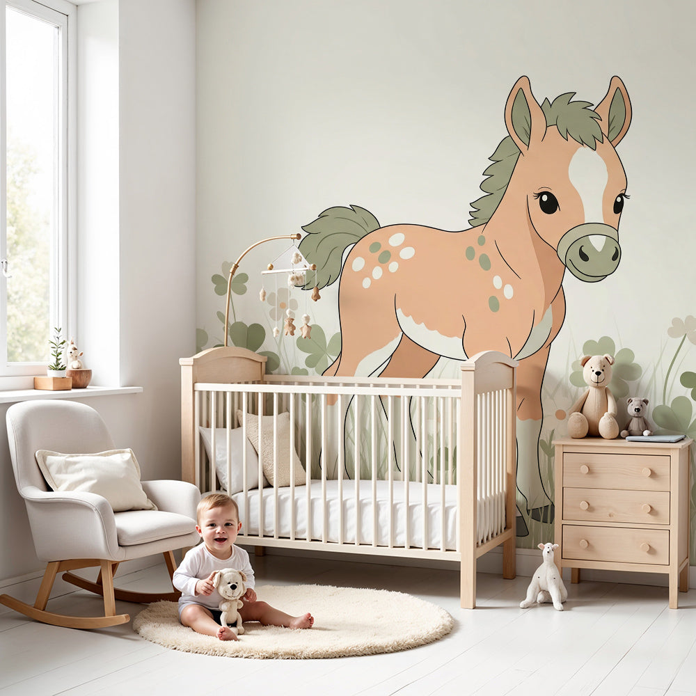 Kids-Mundo baby foal and clover wall mural styled in a soft, calm nursery