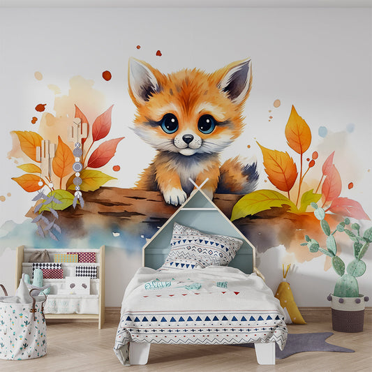 Kids-Mundo watercolour fox wall mural styled in a warm kids bedroom with autumn tones