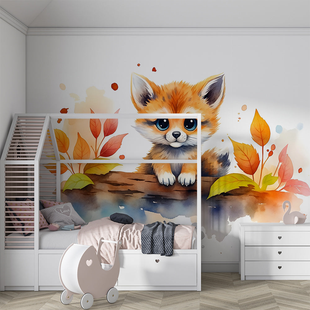 Kids-Mundo baby fox and autumn leaves wall mural in a bright children's playroom