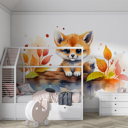 Kids-Mundo baby fox and autumn leaves wall mural in a bright children's playroom