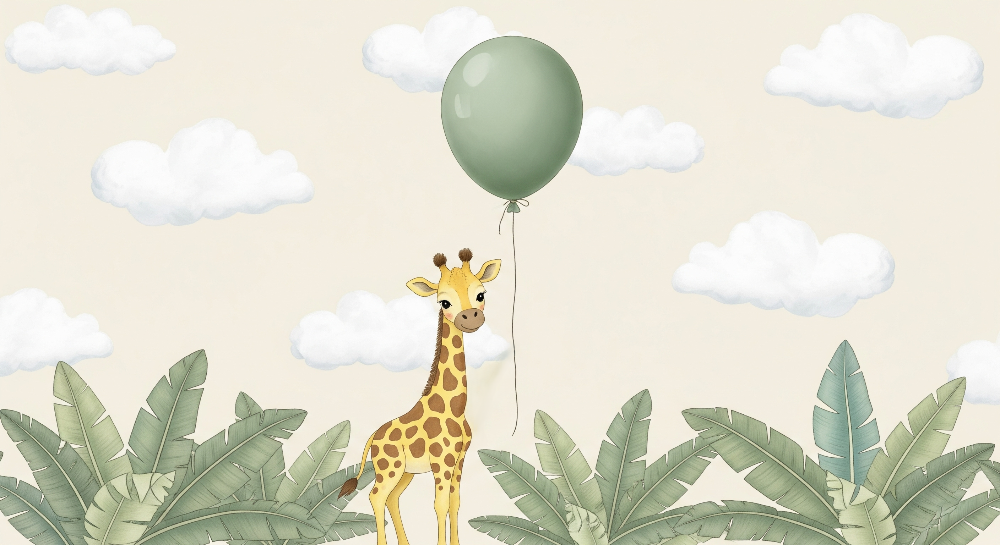 Kids-Mundo flat artwork of a baby giraffe holding a green balloon among palm leaves