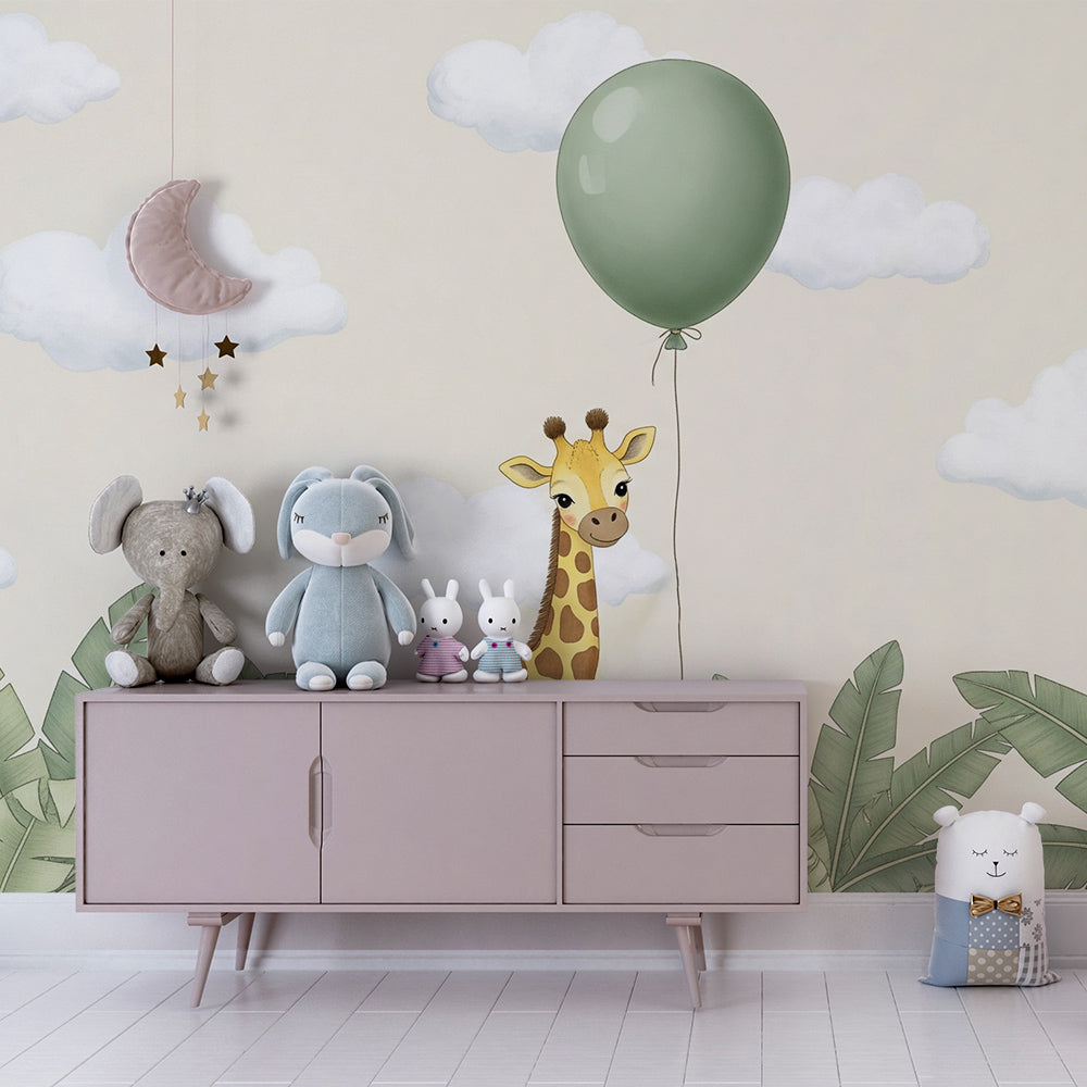 Kids-Mundo giraffe and balloon wall mural bringing playful charm to a children's playroom