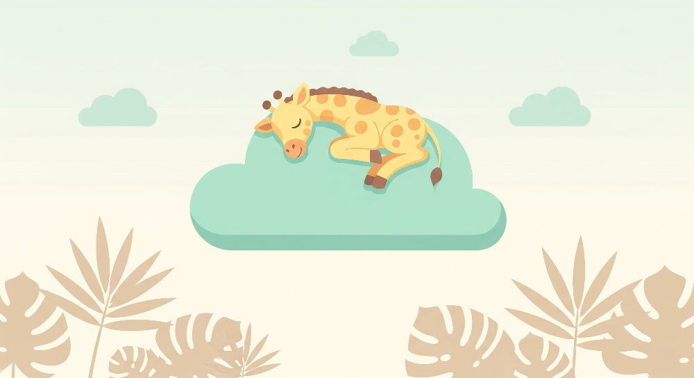 Detailed baby giraffe sleeping on cloud mural wallpaper design pattern with tropical leaves by Kids-Mundo