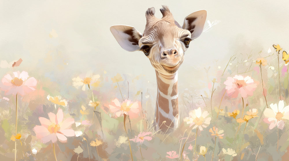 Baby giraffe with flowers mural wallpaper design pattern showing complete illustration by Kids-Mundo