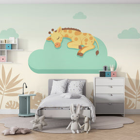 Mint green giraffe mural wallpaper creating serene atmosphere in baby nursery interior