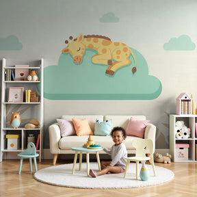 Baby giraffe mural wallpaper with sleeping giraffe on mint cloud in modern nursery by Kids-Mundo