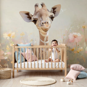 Baby giraffe mural wallpaper creating peaceful nursery decor with floral garden design by Kids-Mundo