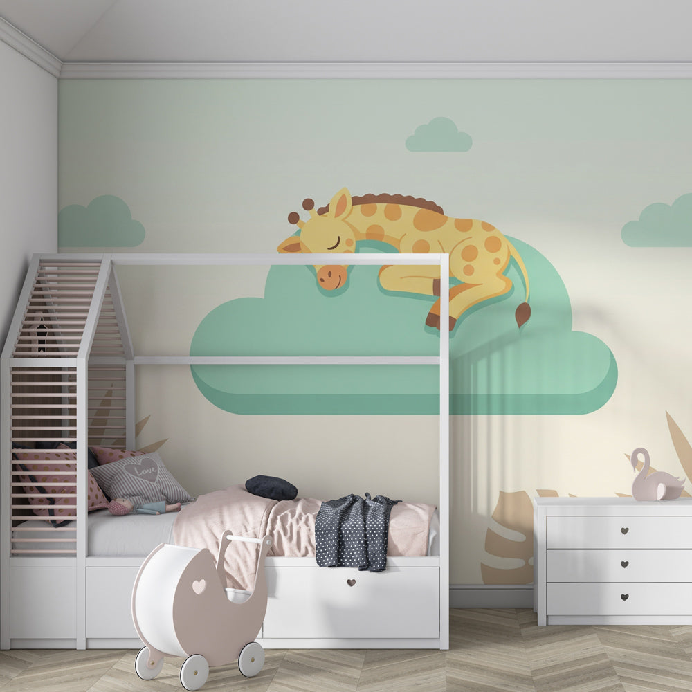 Peaceful baby room featuring giraffe mural wallpaper with tropical leaves and soft clouds decor