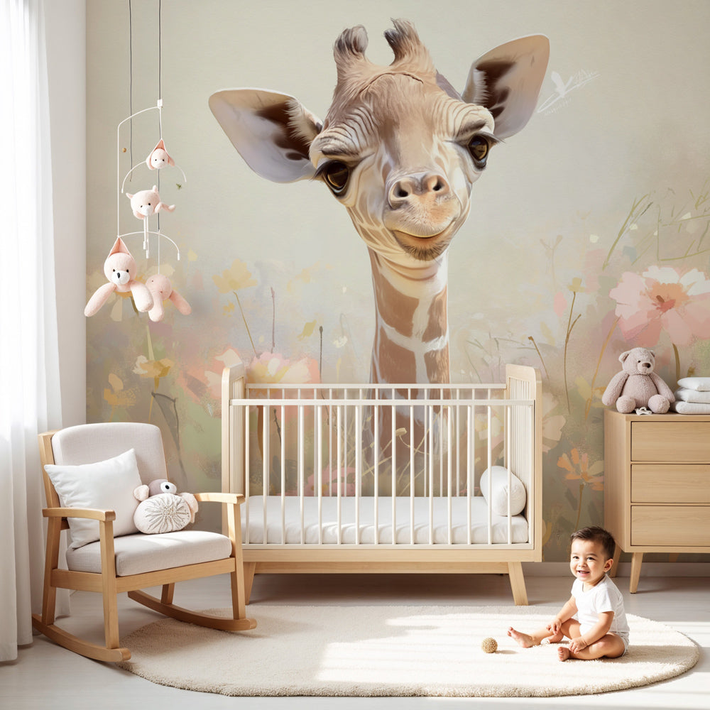 Floral giraffe wallpaper in modern toddler bedroom with natural wood furniture and soft lighting
