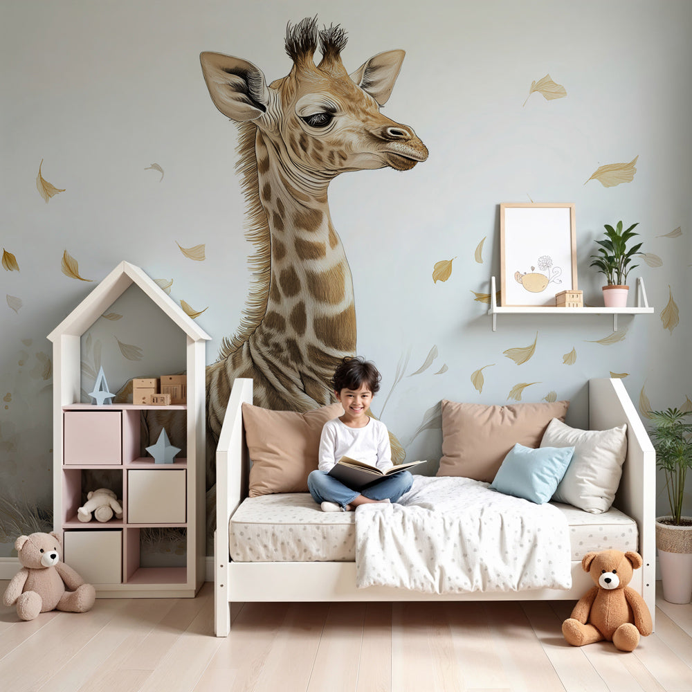 Kids-Mundo baby giraffe wall mural bringing warm, gallery-style charm to a nursery