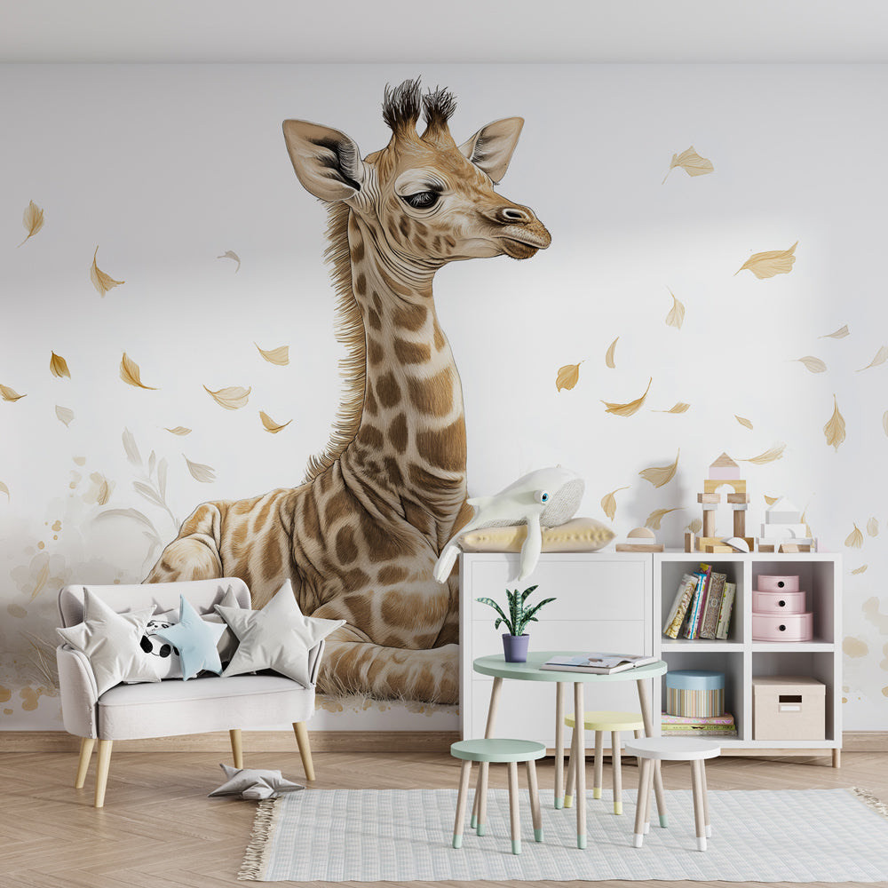 Kids-Mundo baby giraffe wall mural adding a quiet focal point to a children's playroom