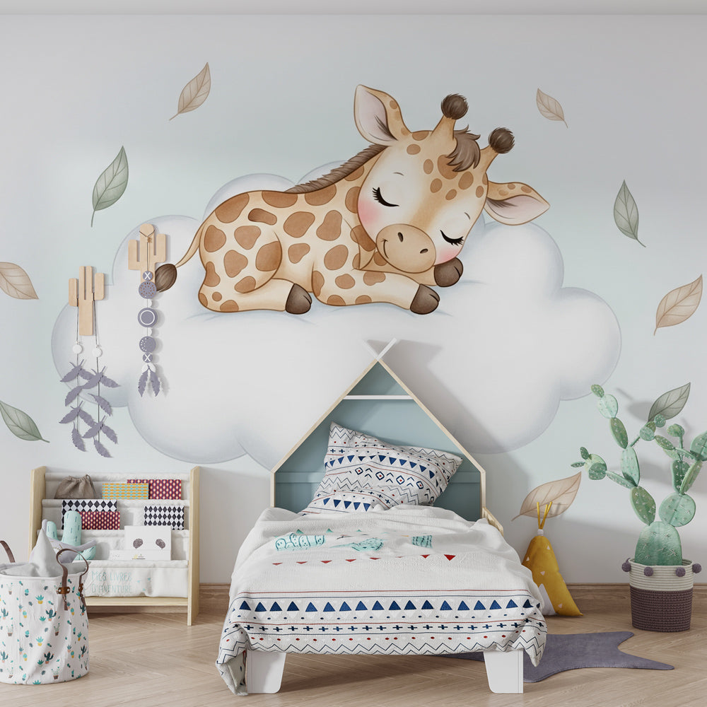 Kids-Mundo baby giraffe cloud mural on a feature wall in a toddler's kids bedroom