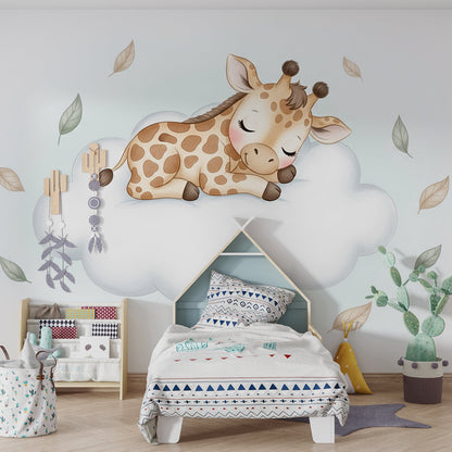 Kids-Mundo baby giraffe cloud mural on a feature wall in a toddler's kids bedroom