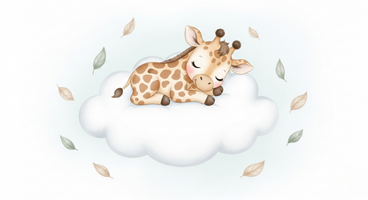 Kids-Mundo flat artwork of a sleeping baby giraffe curled on a cloud with drifting leaves