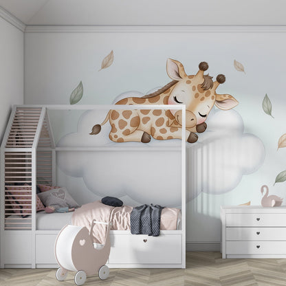 Kids-Mundo giraffe wall mural bringing calm to a corner of a children's playroom