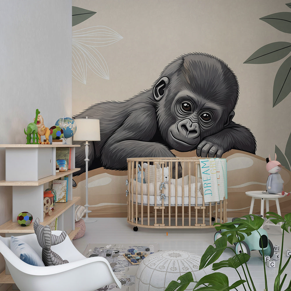 Kids-Mundo baby gorilla wall mural styled in a calm cream and green kids bedroom