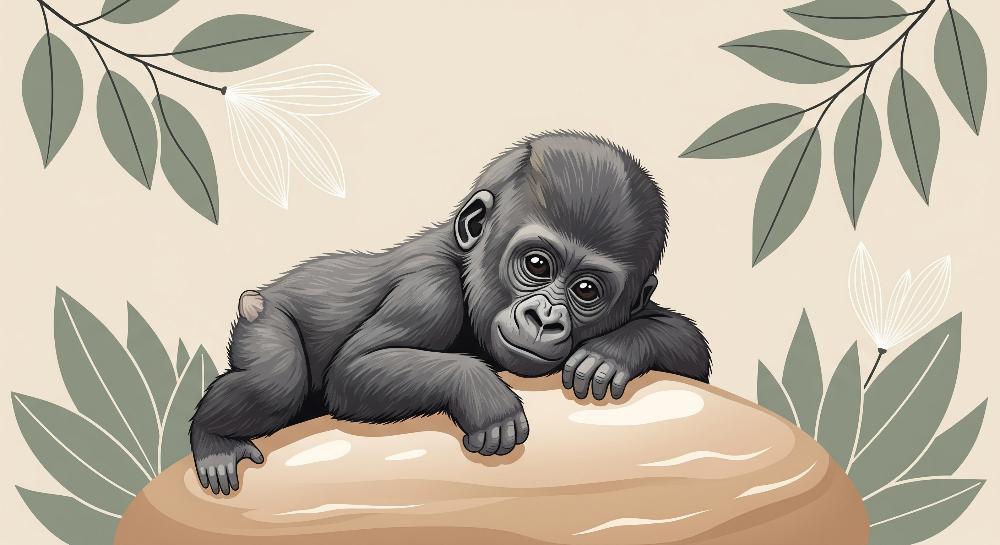Kids-Mundo flat artwork of a baby gorilla resting on a rock among tropical leaves