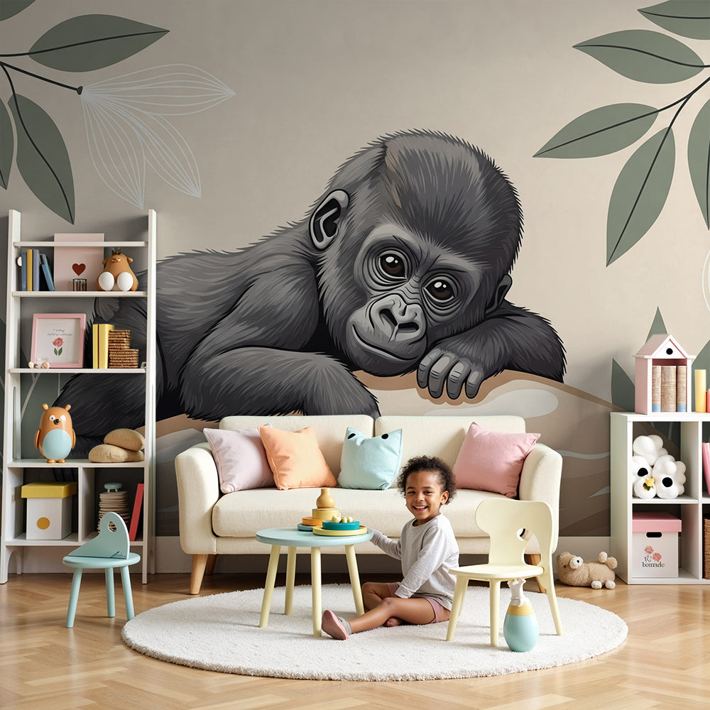 Kids-Mundo baby gorilla wall mural of a gorilla resting on a rock in a warm cream nursery